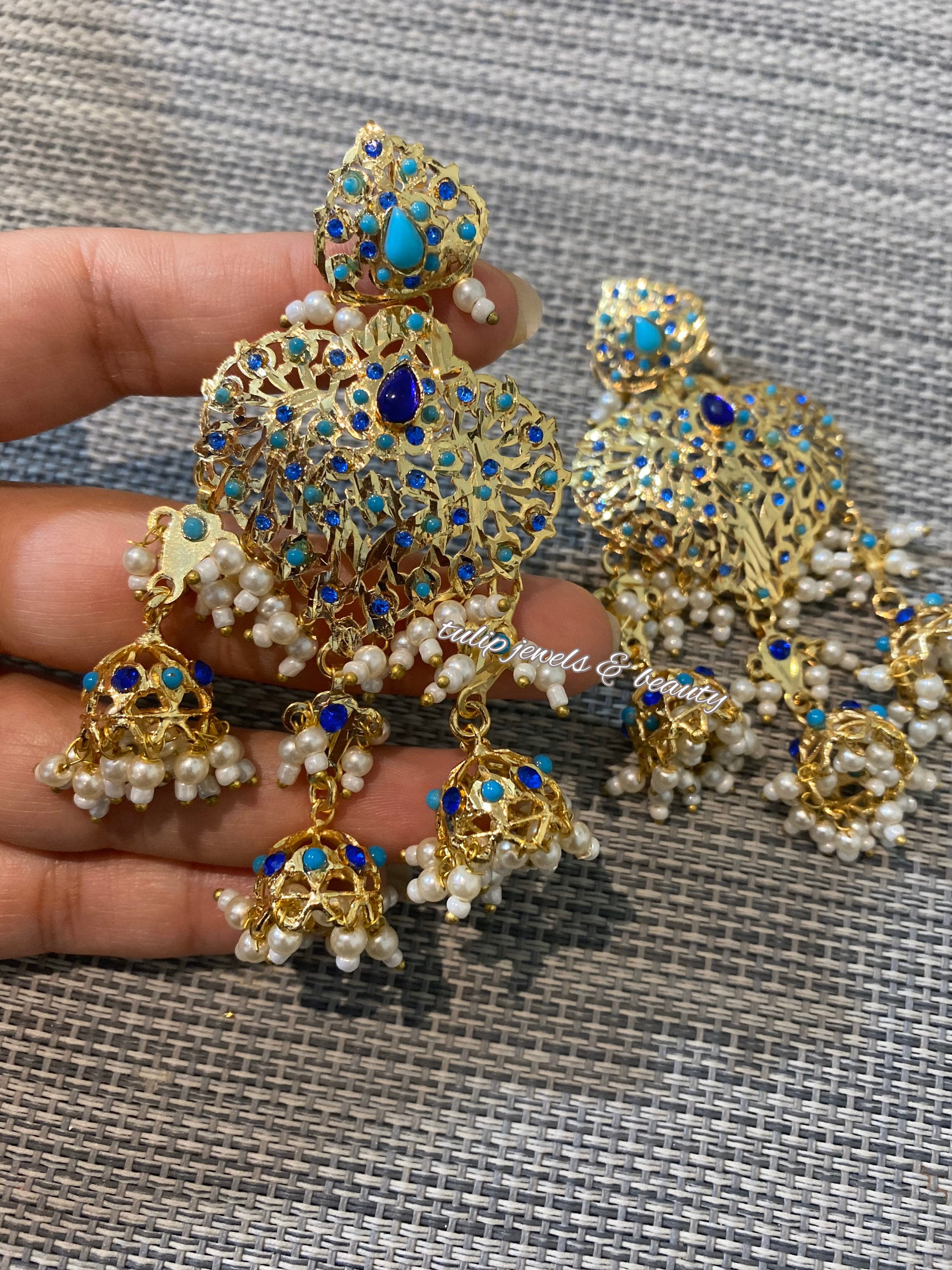 Gold Plated Jhumka Earrings: Turquoise Blue Indian Jewelry