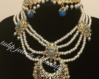 Indiaas/Pakistaanse traditionele Hyderabadi chandballi parels sieraden set turquoise sieraden parels sieraden bruidssieraden