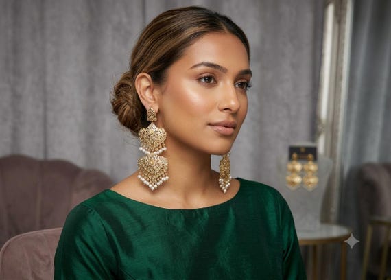 Handmade Gold Plated Magar Earrings, Vintage Style, Pearls, Wedding Jewelry
