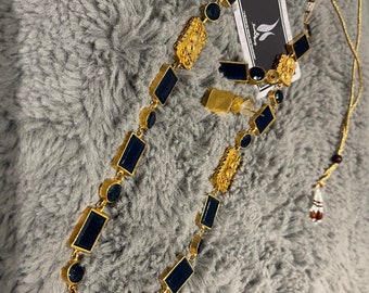 Sapphire mala Semi precious stones long necklace with earrings, black stones mala, Indian jewelry, Pakistani jewellery, malla