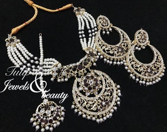 Indiase sieraden Hyderabadi sieraden set oorbellen tikka Pakistaanse designer sieraden chandbali ketting vergulde parels op maat gemaakte sieraden