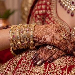 Gold Plated Indian Bangle Set: Ruby & Silver Tone Bollywood Jewelry