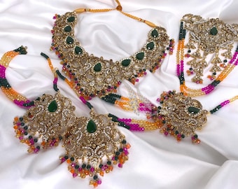 Indian Wedding Jewelry Set: Green Stone Necklace, Earrings, Tikka, Jhummar