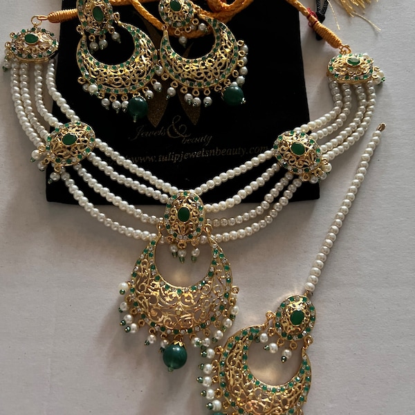 Indiaas/Pakistaanse traditionele Hyderabadi chandballi parels sieraden set groene sieraden parels sieraden bruidssieraden