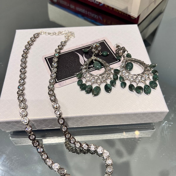 Real Emerald jewellery set, sterling silver plated real emerald earrings and necklace, Hyderabadi Jewellery, Indian Jewelry necklace, chain