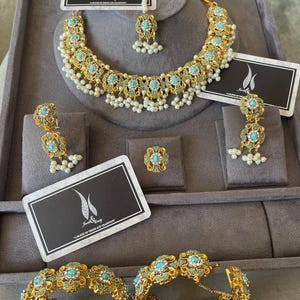 Turquoise & Pearl South Asian Bridal Jewelry Set | Necklace, Earrings, Tikka, Bangles | Pakistani Indian Wedding Jewelry | Nikkah Barat Wali
