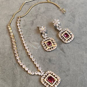 Indian Bridal Cubic Zirconia Statement Necklace Jewellery Set, gold plated Wedding Necklace Set, Bridal Jewellery Set,  Sapphire necklace