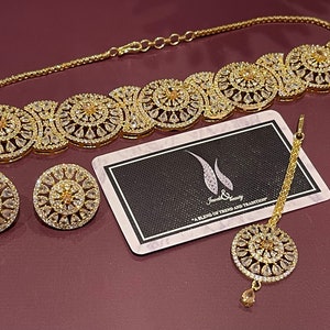 Indian Bridal CZ Diamanté gold plated 3 PCS choker Necklace Set, Necklace Earrings Jewelry Set, gold Wedding Necklace Set, Bridal Jewelry