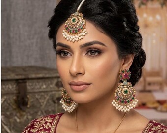 Gold Plated Earrings and Tikka Set: Handcrafted Indian Jewelry