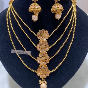 Indiase sieradenset, gelaagde ketting fijne polki Indiase sieraden, Pakistaanse designer sieraden, ketting en oorbellen set afbeelding 2