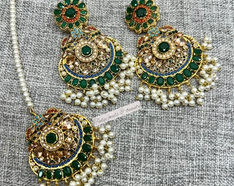 Indiase oorbellen tika sieraden gouden smaragd bruidshoofd sieraden Pakistaanse designer sieraden tikka jhumar mathapatti hoofd sieraden gouden parel
