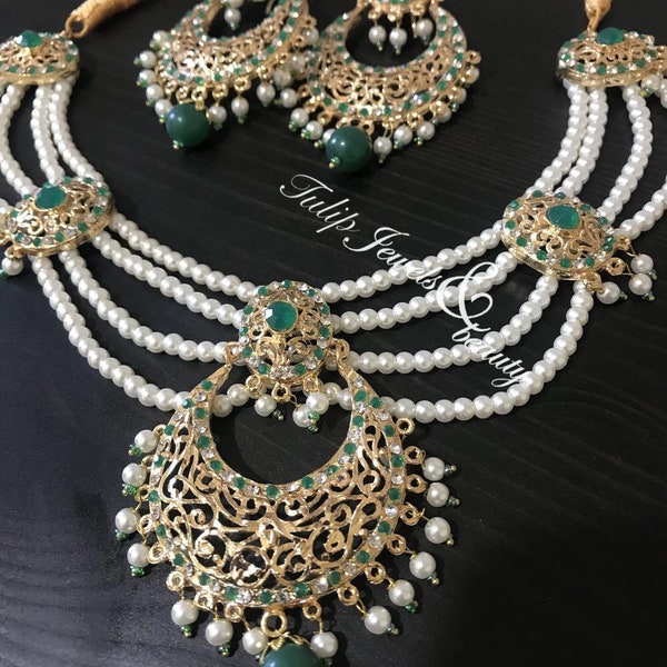 Indian/Pakistani  Traditional Hyderabadi chandballi Pearls Jewellery Set green jewellery pearls jewellery bridal jewellery