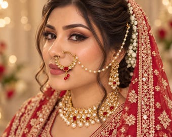 May include: A gold nose ring with a central red stone and dangling red beads, connected by a delicate pearl chain to a matching gold earring. A heavy gold choker necklace features white pearls and red stones, worn with a red embroidered veil.
