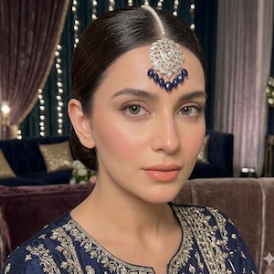 Royal Blue Hyderabadi Jadau Tikka sterling silver plated | Kundan Bridal Forehead Jewelry | Pakistani Wedding Matha Patti Accessory