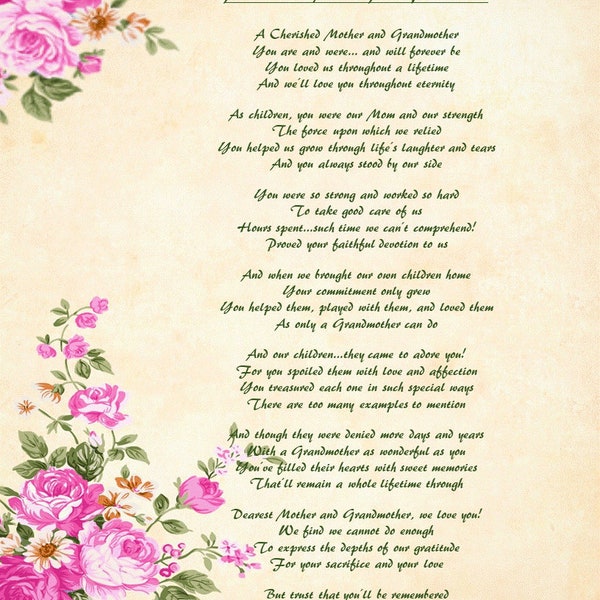 A Cherished Mother and Grandmother- Poetic Tribute Suitable for Framing