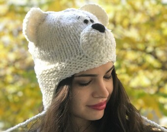 Beanies polar bear,Crochet bear hat,Gift box for her,Animal ukraine crochet hats,Winter white bear hat gift,Eco friendly cute cap,Cozy funny