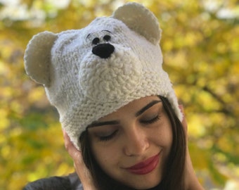 Polar bear hat Gift for her Him Crochet polar bear Animal knit hat Gift for kids Bear hat gift Winter hat Polar bear hat gift White bear hat