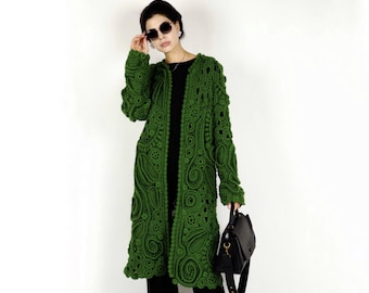 Irish Crochet Coat Green, Irish Lace Cardigan Women, Victorian Lace Cardigan, Handmade Statement Cardigan, Artisan Lace Piece