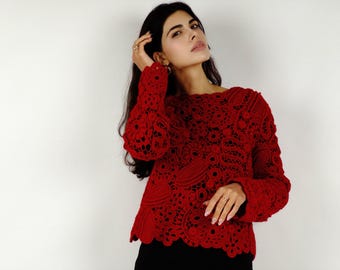Crochet Sweater Red, Artisan Sweater, Victorian Sweater, Handmade Crochet Sweater, Statement Sweater Women