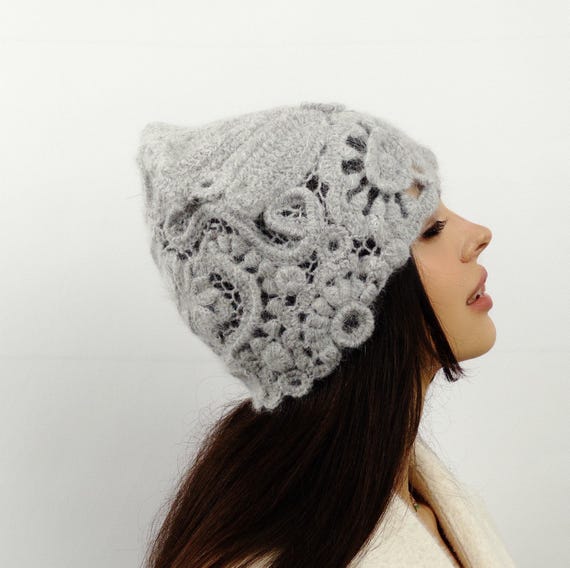 Handmade Light Gray Crochet Beanie – Irish Lace Boho Winter  display picture 2