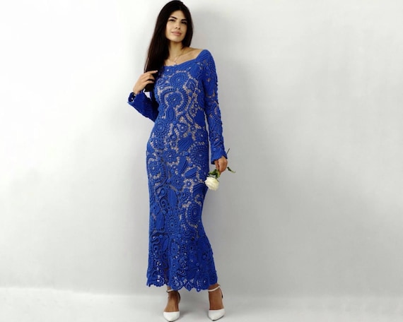 royal blue crochet maxi dress Crochet BLUE Long Dress XL / BLUE