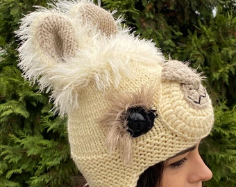 Hat with ear flaps Alpaca hat Knit baby hat Сrochet llama hat Winter animal hat Mother daughter gift Beanies for kids Llama gift Llama wool