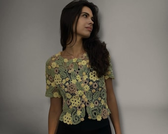 Top de flores de ganchillo – Blusa de encaje floral hecha a mano, top de verano de algodón a ganchillo