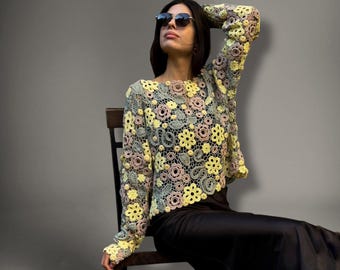 Colourful Crochet Sweater Women, Cottagecore Sweater, Crochet Sweater Handmade, Boho Sweater, Unique Sweater