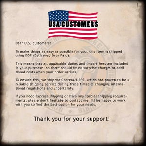 May include: A document with a vintage-style parchment background featuring an American flag graphic at the top. The text reads: USA CUSTOMERS, Dear U.S. customers! To make things as easy as possible for you, this item is shipped using DDP. Thank you for your support!