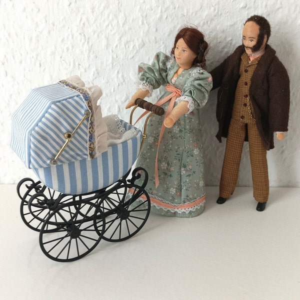 Erna Meyer flexible dolls 1:12, Family dolls, Man and woman dolls, Stroller with baby, Collectible vintage doll, Dollhouse doll