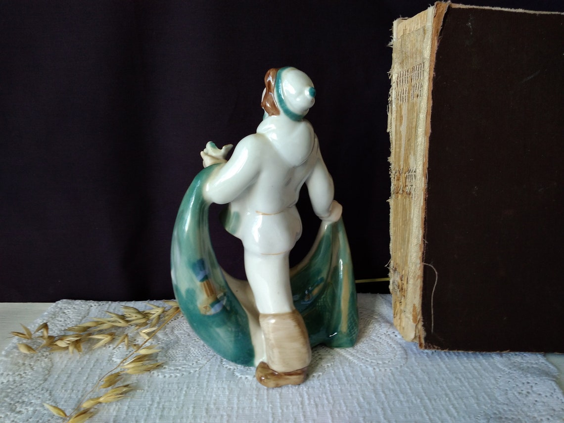 Fisherman porcelain statue Vintage white green ceramic Etsy