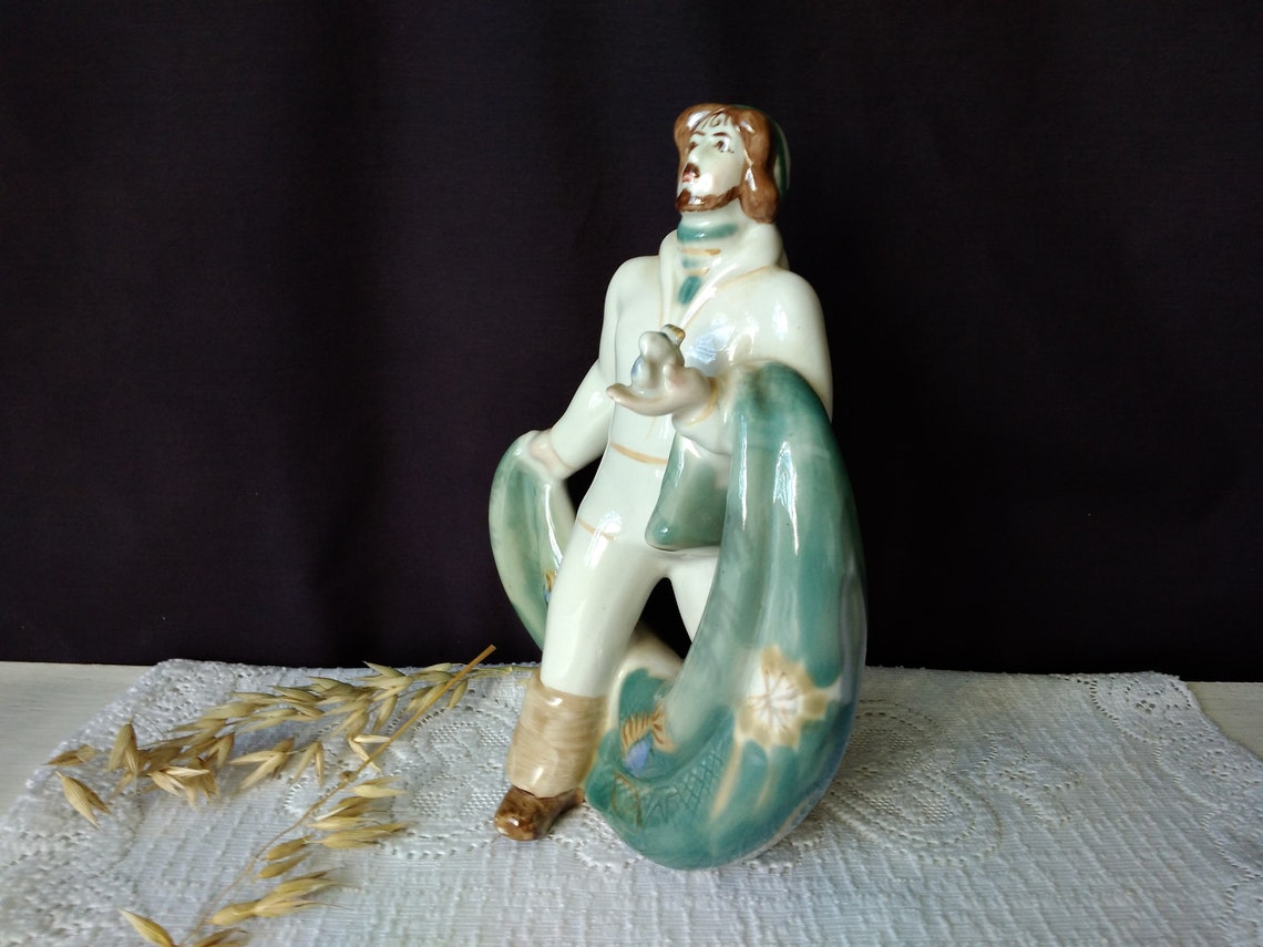 Fisherman porcelain statue Vintage white green ceramic Etsy
