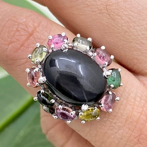 925 Sterling Silver Jewelry- Blackstar Cabochon Ring- Multi Tourmaline- Ruby- Cocktail Ring- Multi Gemstone Ring- Cluster Ring- Wedding Gift
