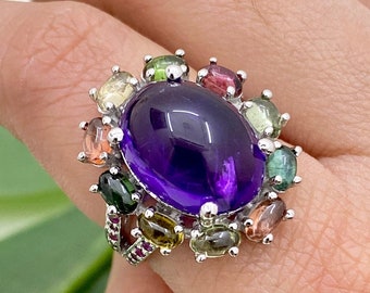 925 Sterling Silver Jewelry- Amethyst Cabochon Ring- Multi Tourmaline- Ruby- Cocktail Ring- Multi Gemstone Ring- Cluster Ring- Wedding Gift