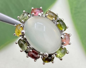 925 Sterling Silver Jewelry- Moonstone Cabochon Ring- Multi Tourmaline- Ruby- Cocktail Ring- Multi Gemstone Ring- Cluster Ring- Wedding Gift