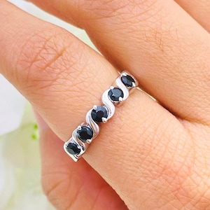 925 Sterling Silver Ring- Natural Black Spinel Ring- Tiny Band Ring- Half Eternity Ring- Stacking Ring- Birthstone Band Ring- Wedding band