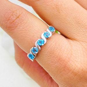 925 Sterling Silver Ring- Natural Blue Topaz Ring- Tiny Band Ring- Half Eternity Ring- Stacking Ring- Birthstone Band Ring- Wedding band