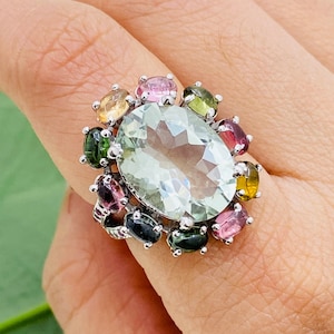 925 Sterling Silver Jewelry- Green Amethyst Ring- Multi Tourmaline- Ruby- Cocktail Ring- Multi Gemstone Ring- Cluster Ring- Wedding Gift