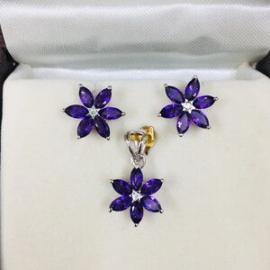 925 Sterling Silver Pendant Earring Set- Natural Amethyst Earrings- Amethyst Pendant- Floral Earrings- Wedding Gift- Amethyst Jewelry Set image 4