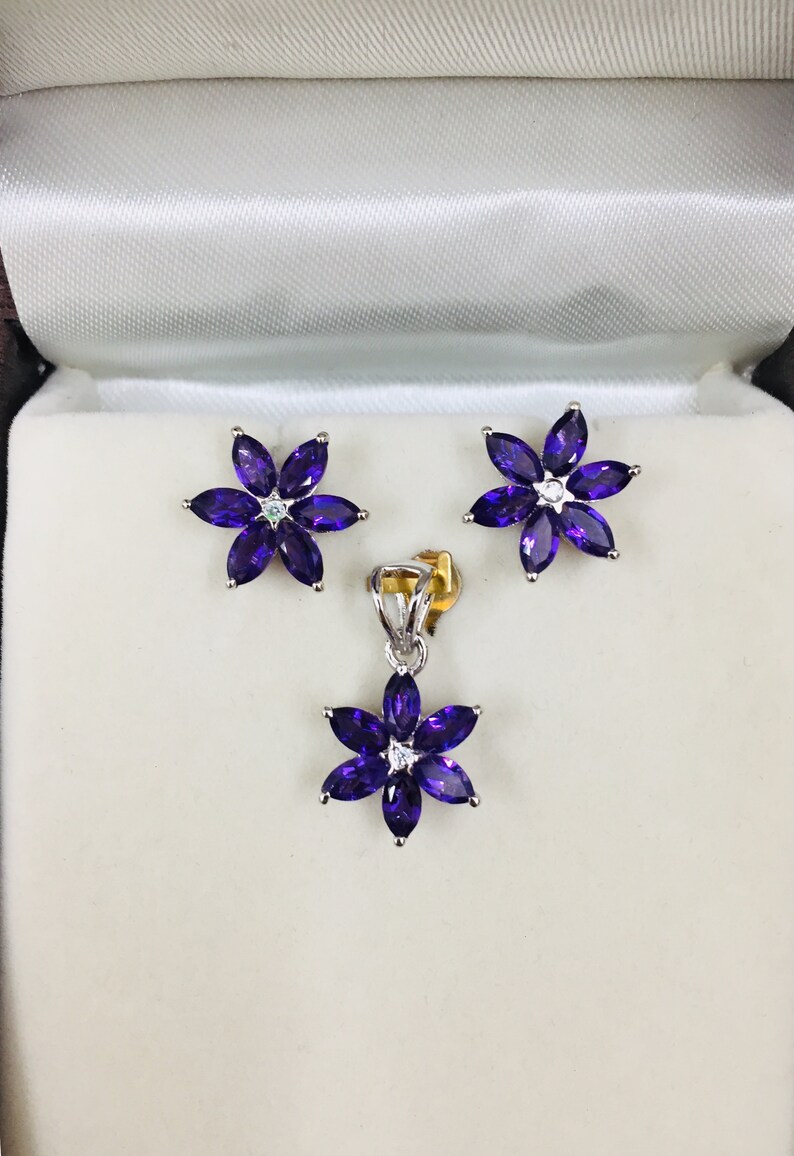 925 Sterling Silver Pendant Earring Set- Natural Amethyst Earrings- Amethyst Pendant- Floral Earrings- Wedding Gift- Amethyst Jewelry Set image 4