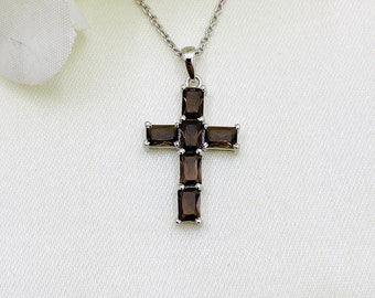 925 Sterling Silver Pendant- Smokey Quartz Pendant- Holy Cross Pendant- Gemstone Pendant- Cross Necklace- Solid Silver Pendant- Present