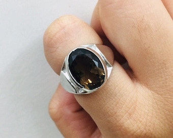 925 Sterling Silver Ring- Natural Smokey Quartz Ring- Men's Ring- Solid Silver Ring- Gemstone Ring- Birthstone Ring- Men's Wedding Ring