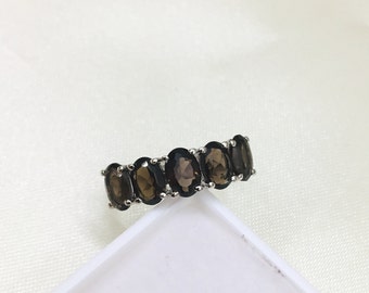 925 Silver Ring- Smokey Quartz Ring- Solid Silver Quartz Ring- Half Eternity Band- Silver Band- Promise Ring- Gemstone Band- Valentine Gift