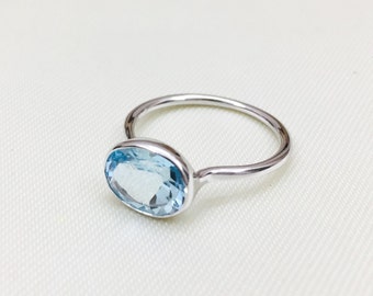 925 Silver Ring- Natural Blue Topaz Ring- Oval Ring- Stacking Ring- Bezel Ring- Promise Ring- Wedding Gift- Thin Band Ring- Gift & Present