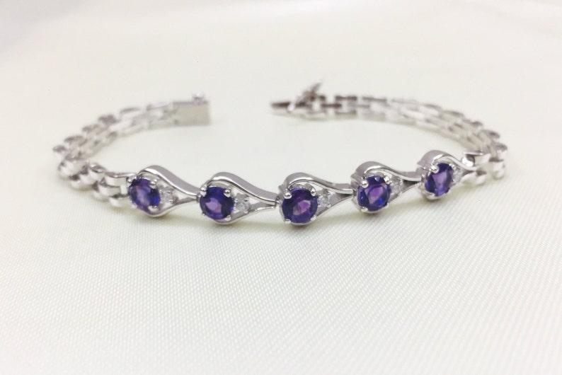 925 Silver Bracelet Wedding Gift Chain Bracelet February Birthstone Natural Amethyst Bracelet Bracelet 5 MM Round Christmas Gift