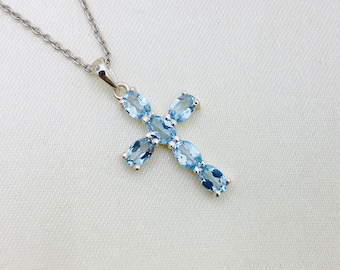 925 Sterling Silver Pendant- Blue Topaz Pendant- Holy Cross Pendant- Gemstone Pendant- Cross Necklace- Solid Silver Pendant- Present & Gift