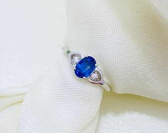 Natural Kyanite Gemstone, 925 Sterling Silver, 5X7 MM Oval, Cubic Zircon Ring, Tennis Ring, Delicate Ring, Faceted Gemstone Ring