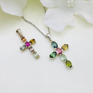 925 Sterling Silver Pendant- Multi Tourmaline Pendant- Holy Cross Pendant- Gemstone Pendant- Cross Necklace- Solid Silver Pendant- Present