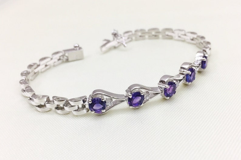 925 Silver Bracelet Wedding Gift Chain Bracelet February Birthstone Natural Amethyst Bracelet Bracelet 5 MM Round Christmas Gift