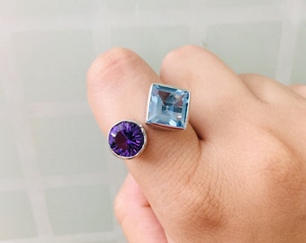 925 silver ring- Natural Blue Topaz & Amethyst ring - Unisex ring- gemstone ring- birthstone ring - adjustable ring- gift for dad -Boho ring